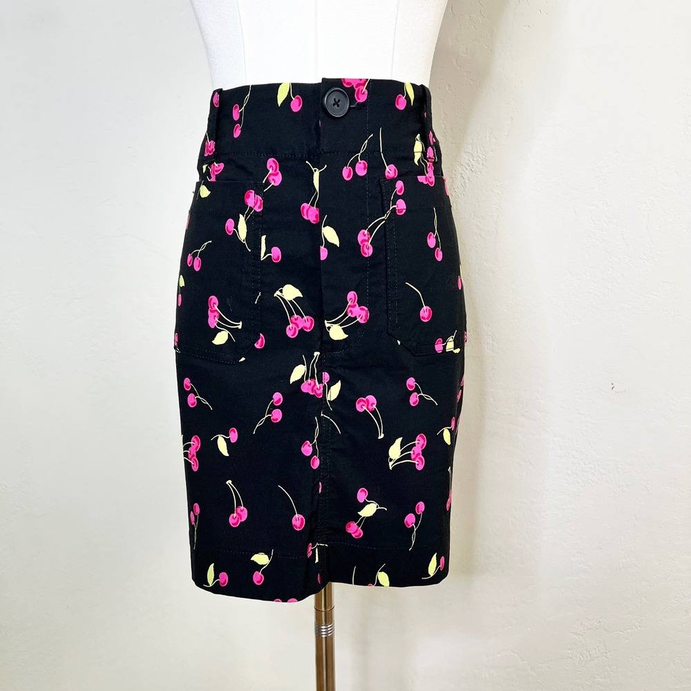 Maeve Anthropologie Cherry Print Colette Mini Skirt Black Pockets Cotton Sml NEW